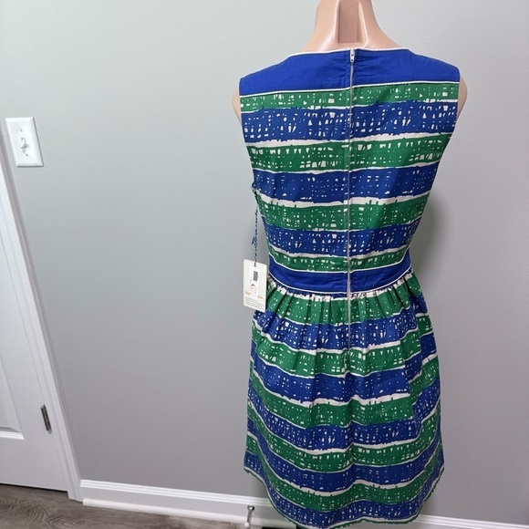 Dear Creatures Phoebe A Line Retro Blue Green Dress Medium Stripe Cut Out - Picture 7 of 9